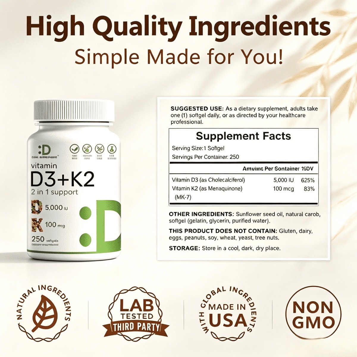 DEAL SUPPLEMENT Vitamin D3 K2 5000IU Softgel, 2-1 Complex, 250 Count NEW