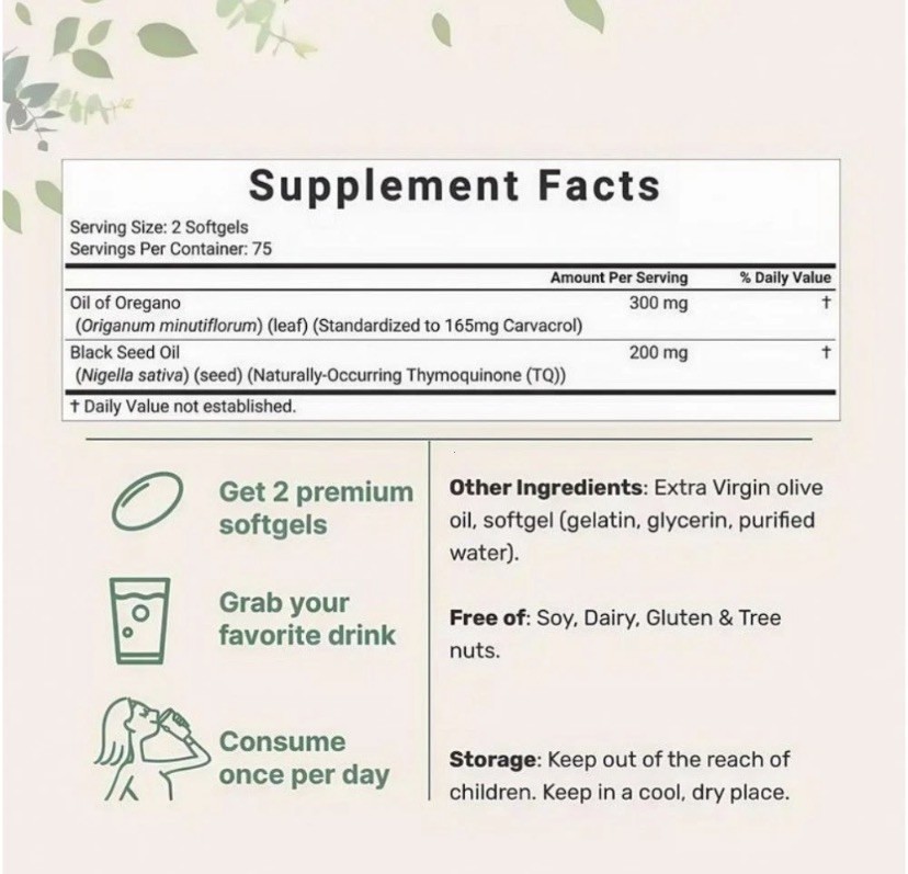 2 in 1 Oil of Oregano & Black Seed Softgels Count,Immune Support,with Carvacrol