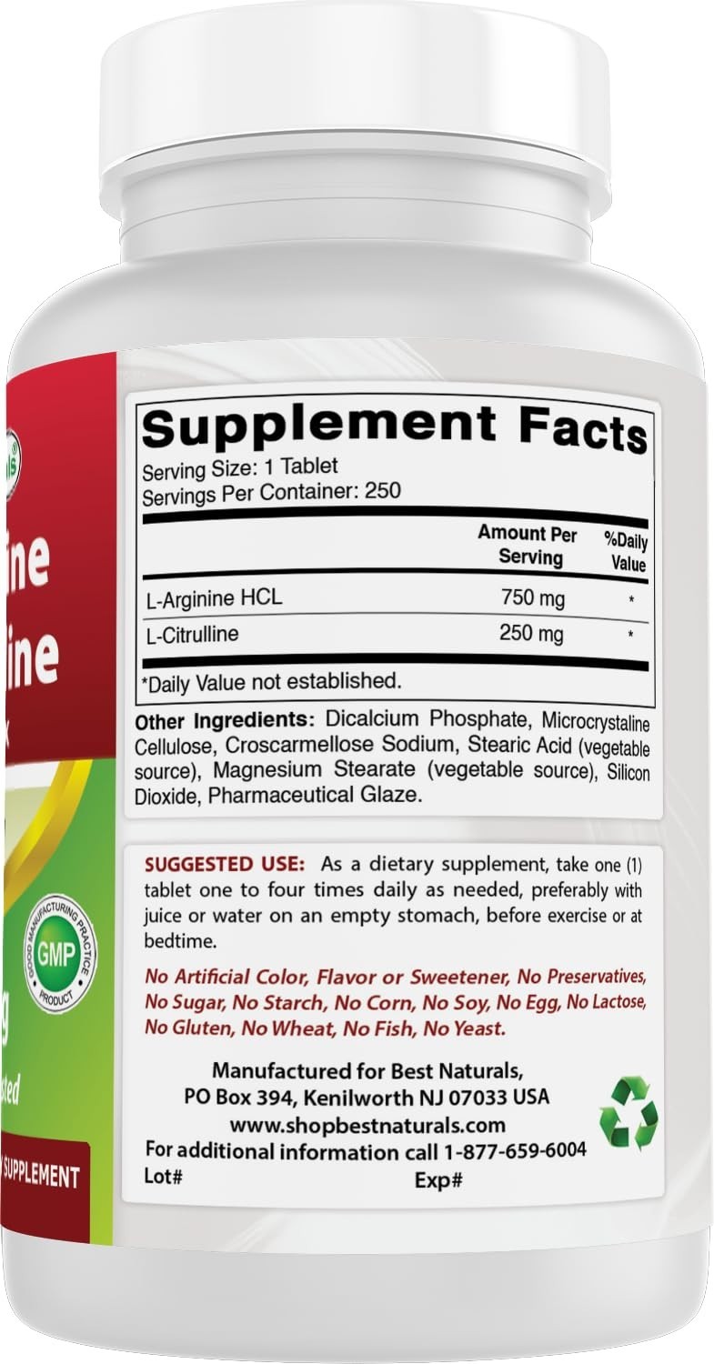 L-Arginine L-Citrulline Complex Tablets – 250 Count for Energy & Performance