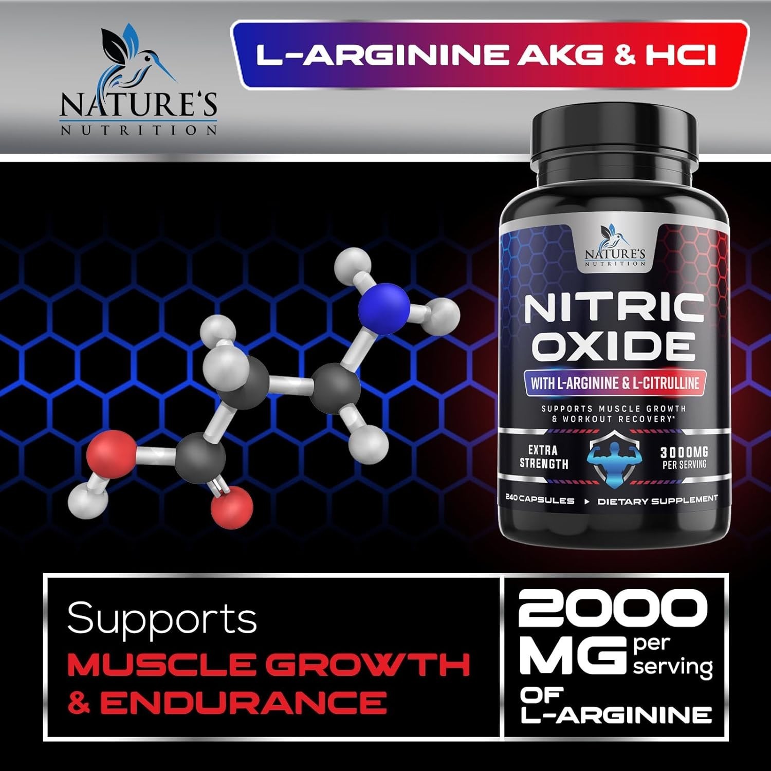 Nitric Oxide Booster Supplement w/ L-Arginine 2010mg Highest Potency Muscle Pump