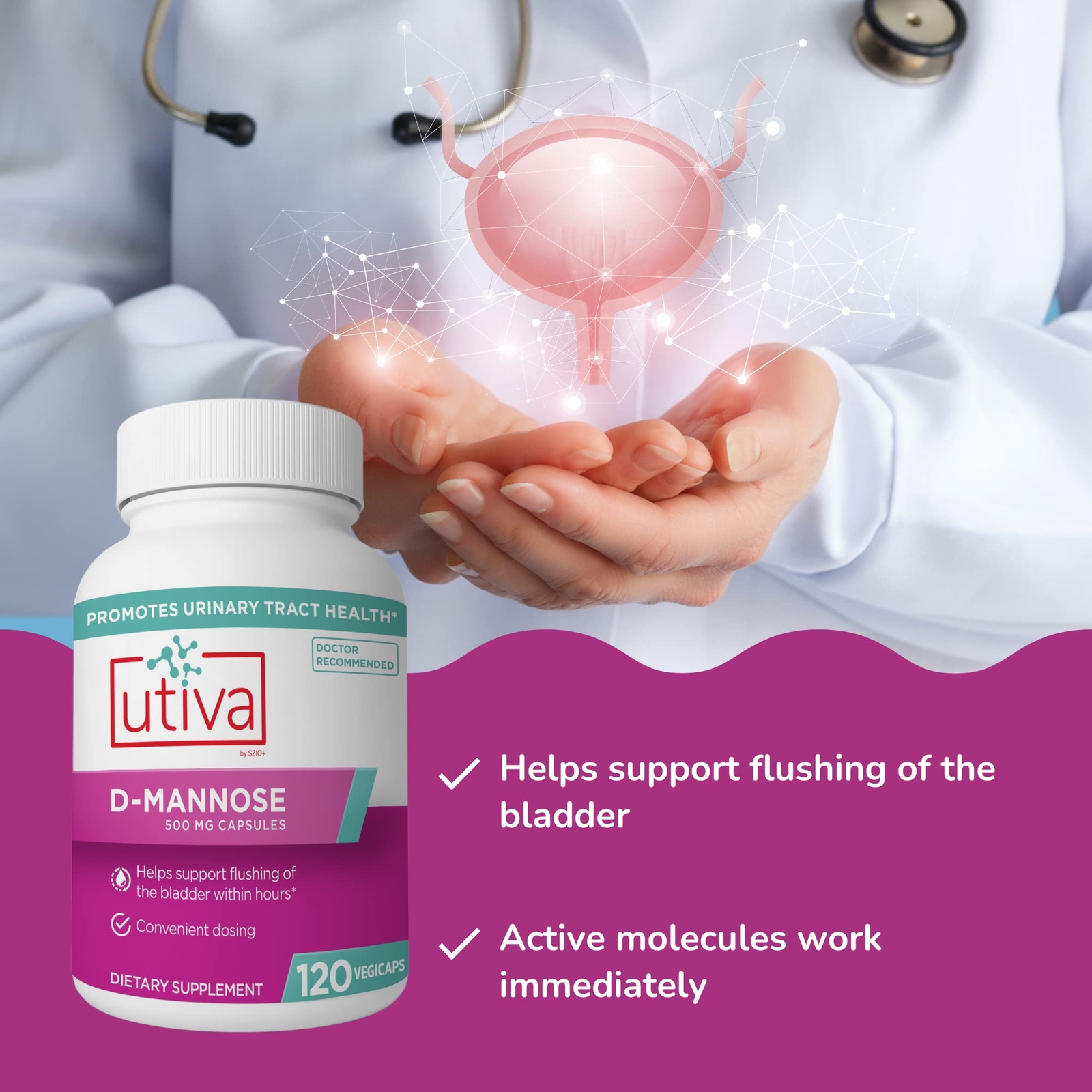 Utiva D Mannose 120 Count Bladder and Urinary Tract Supplement Easy to Swallow
