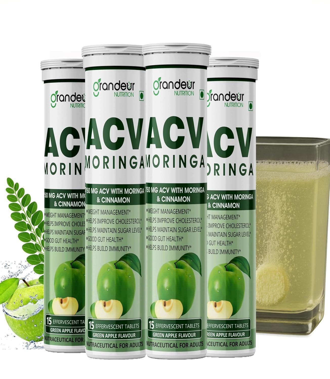 Grandeur ACV Moringa For Weight Management, Apple Cider Vinegar 15 Tablets Pack4