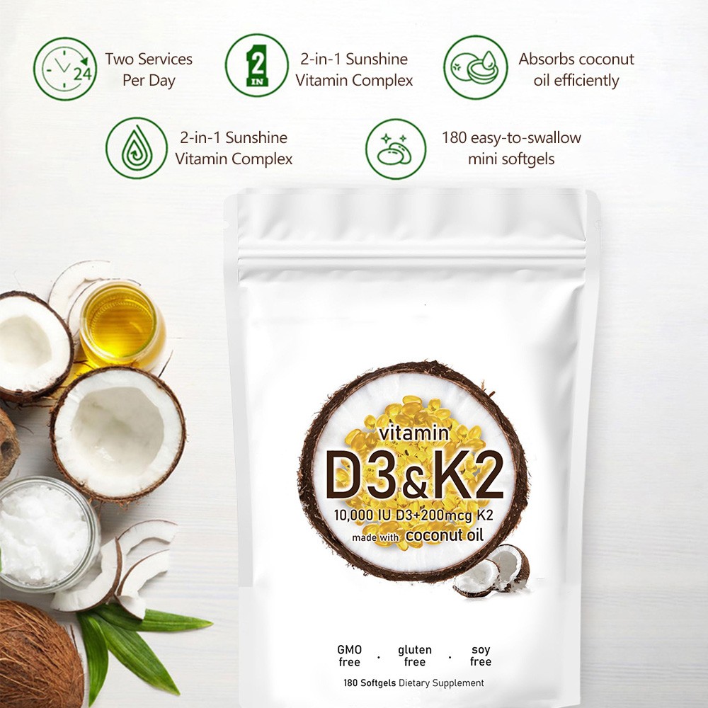 1 in 2 Vitamin D3 K2 Supplement Softgels 180 capsules 10000 IU VIT D3+K2 200 MCG