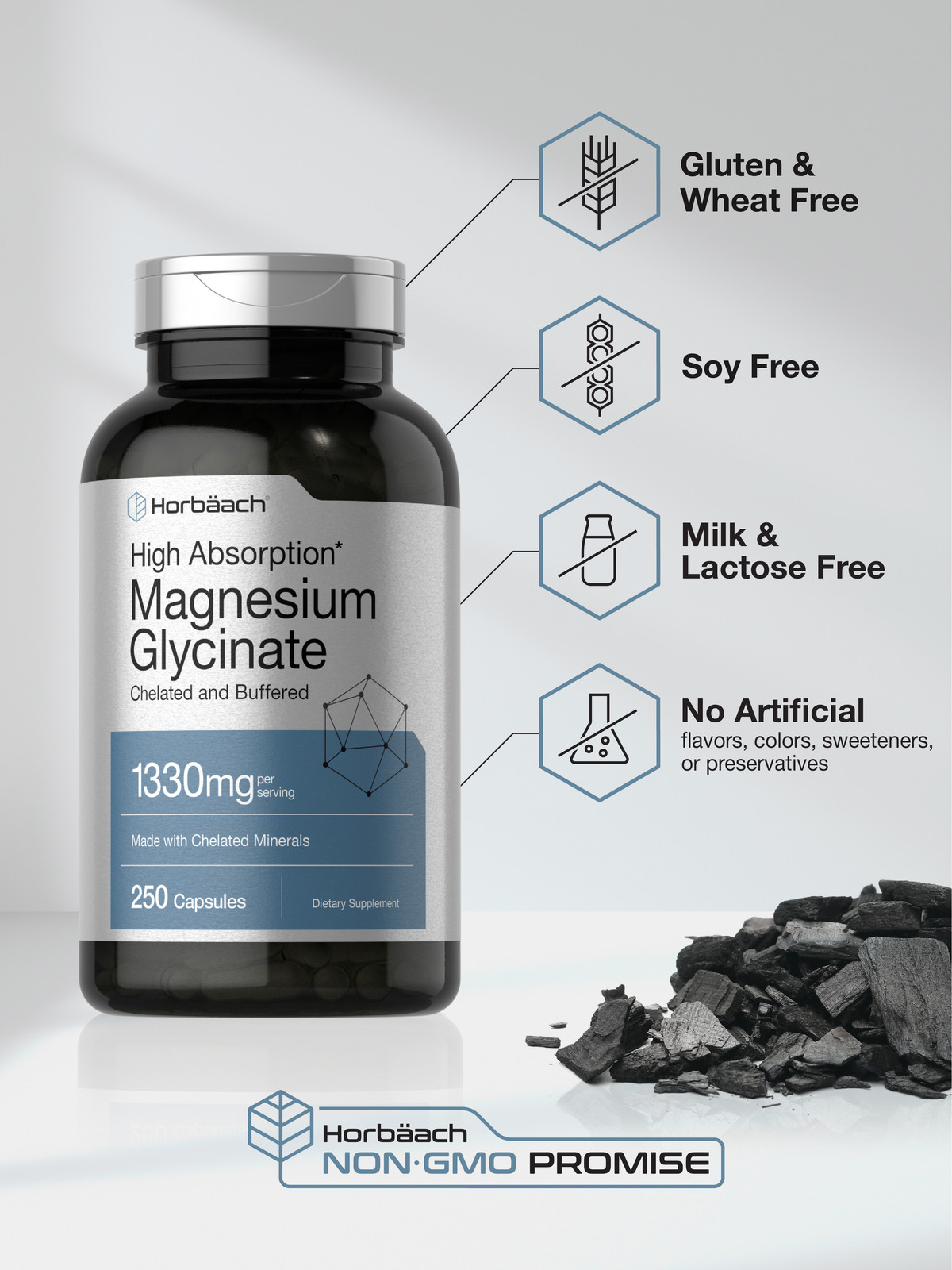 Magnesium Glycinate | 1330mg | 250 Capsules | Buffered & Chelated | by Horbaach