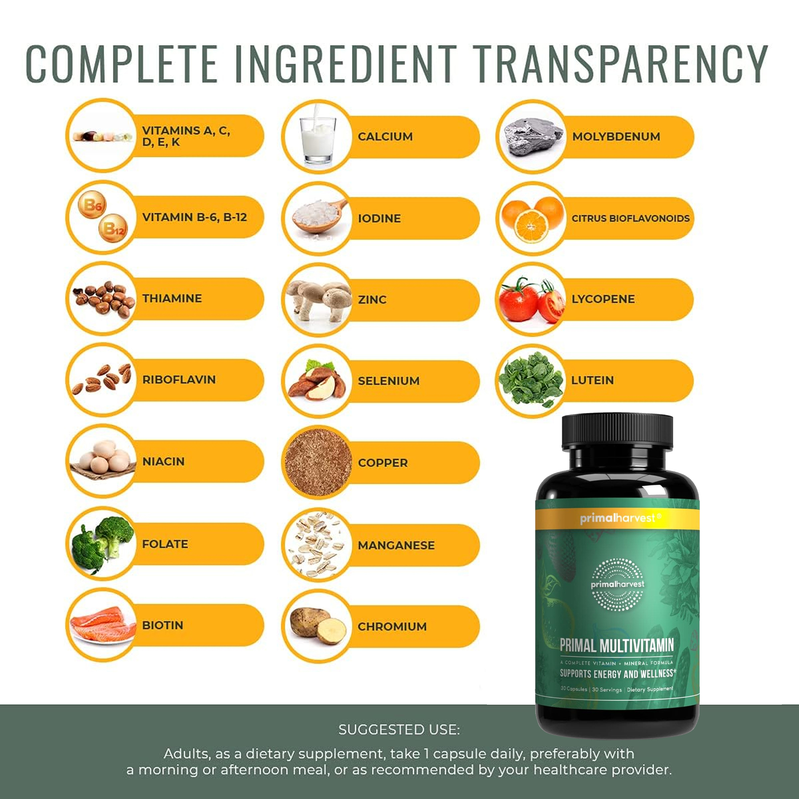 Primal Harvest Health Multivitamin – Minerals – Energy Immune Brain Heart Primal