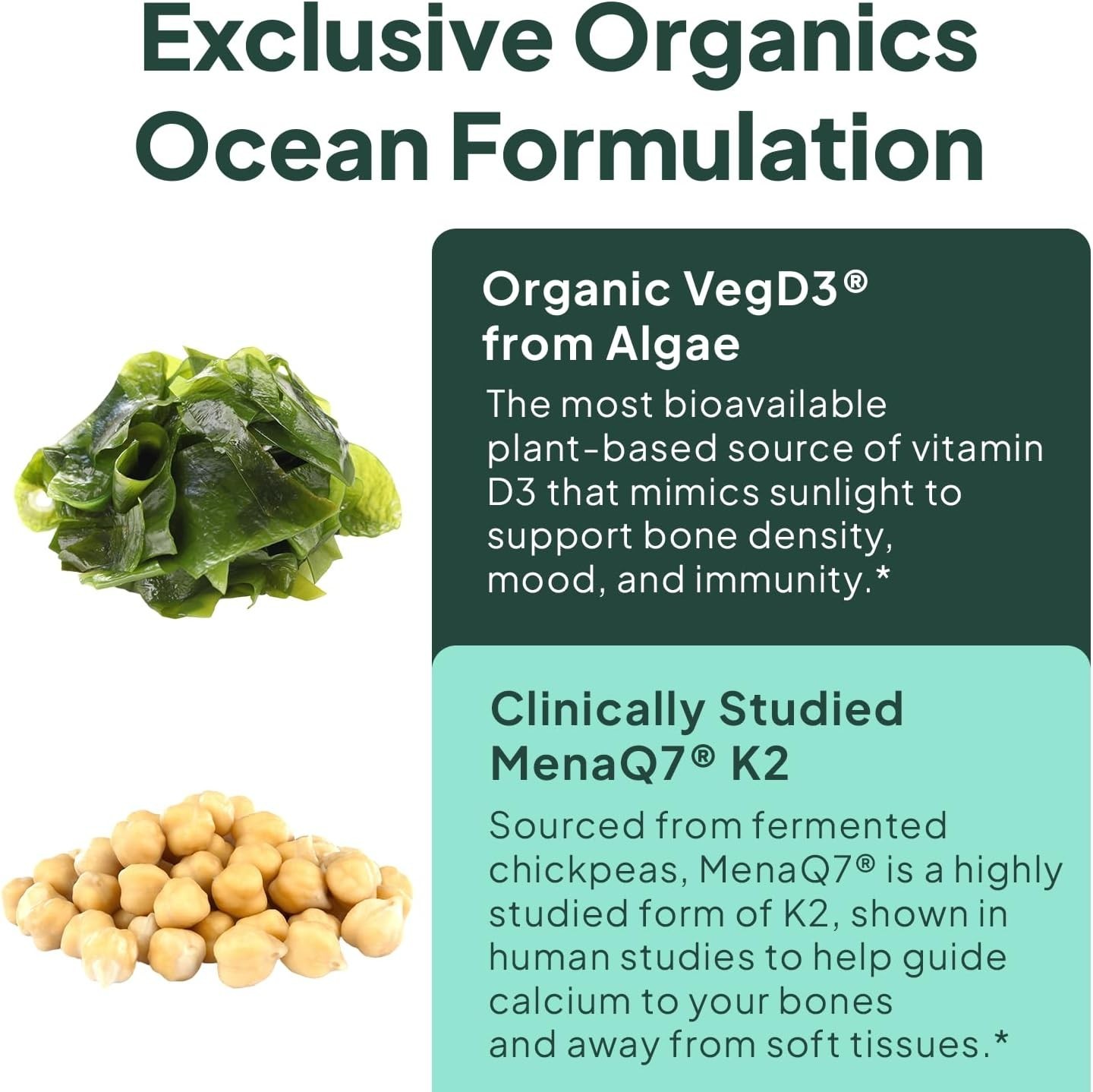 Organics Ocean Better D3 + K2, Organic Vitamin D3 K2 Supplement, 30-Day Supply