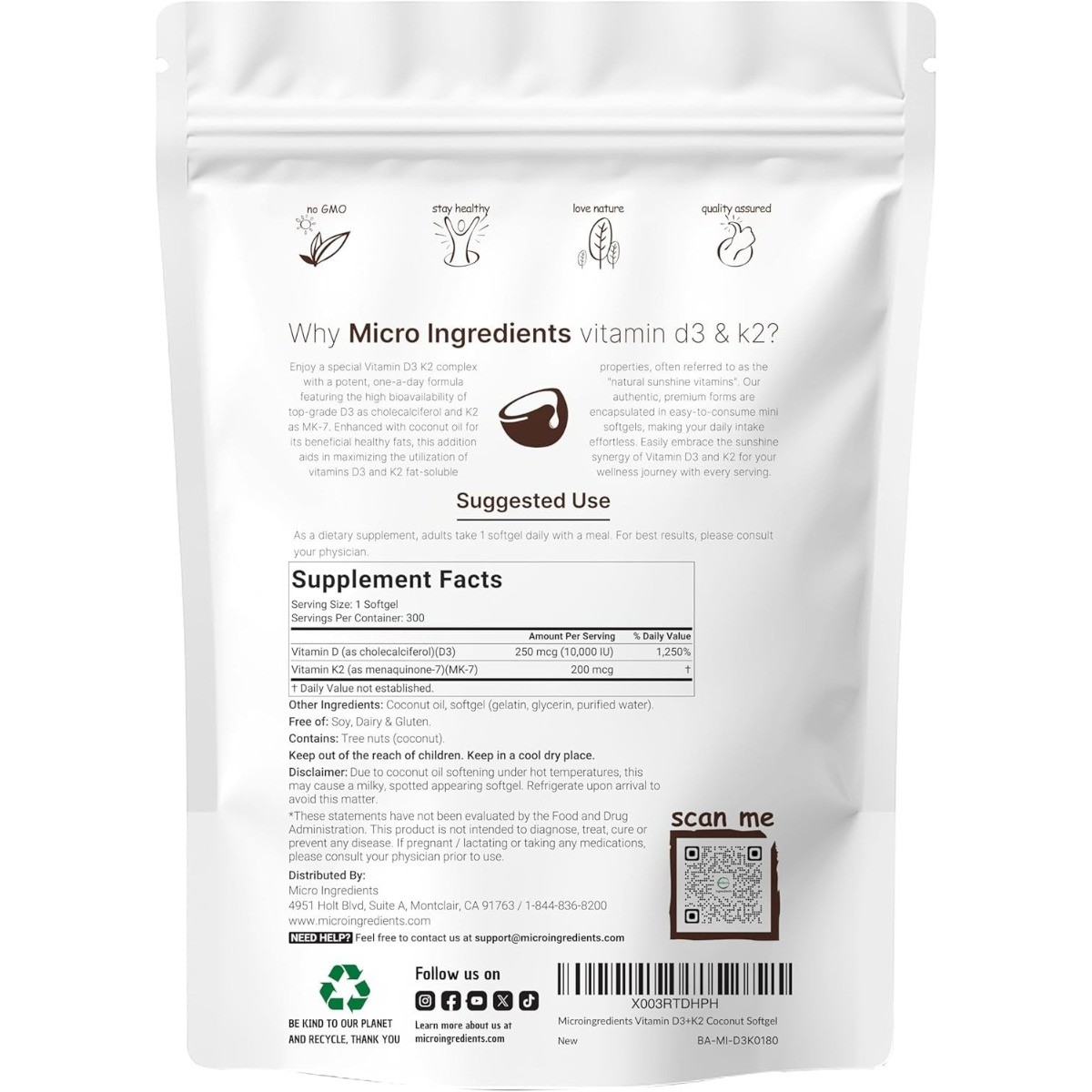 Micro Ingredients Vitamin D3 10000 IU K2 MK7 Softgels with Coconut Oil, 300ct