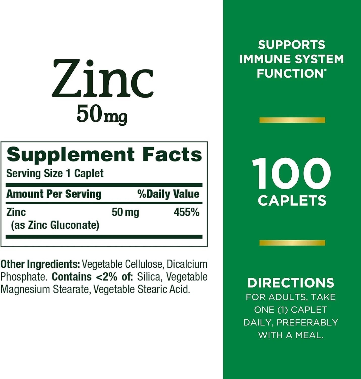 Zinc, Supports Immune System Function, Dietary Supplement, 50 Mg, Caplets, 100 C