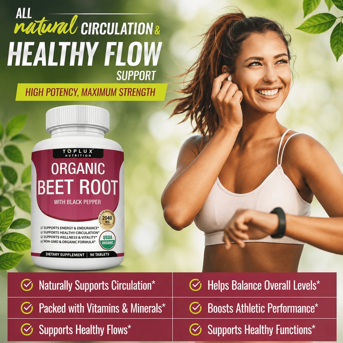Toplux Organic Beet Root 2040mg Tablets, Nitric Oxide & Circulation Support