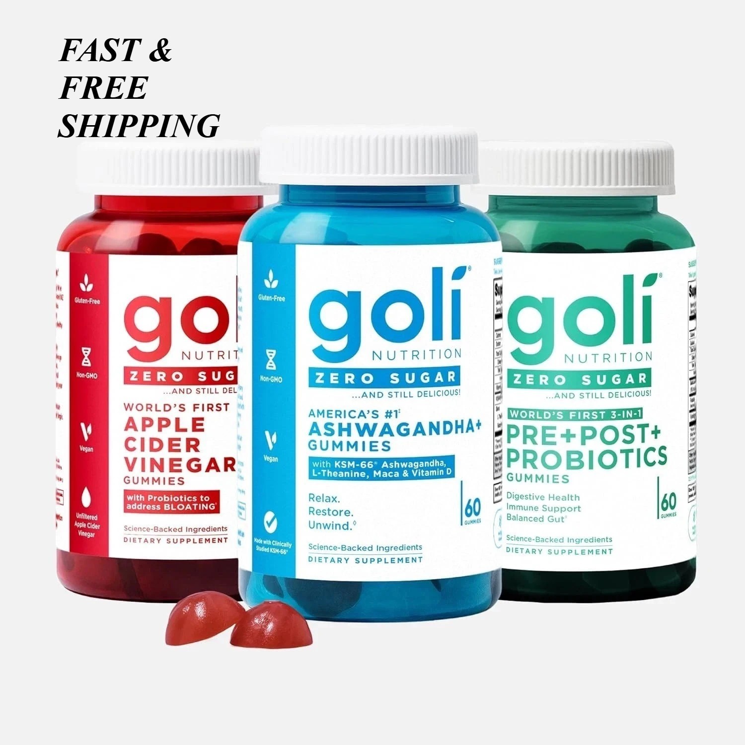 3 Pack Goli Zero Sugar Best Seller Trio Set Gummies 60Caps Per Bottle