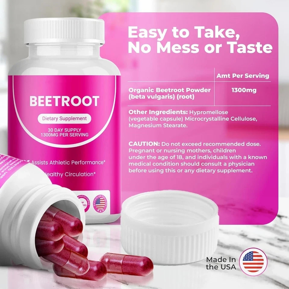 3PCS Rosabella Organic Beet Root 60 Capsules Natural Energy Boost Blood Pressure