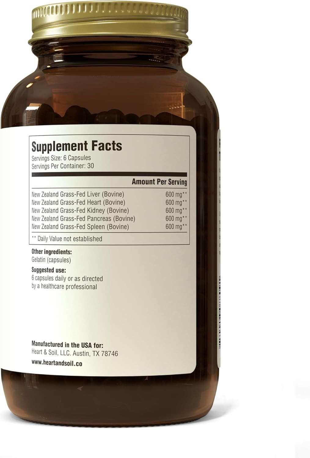 HEART & SOIL – 3000mg Grass-Fed Beef Organ Supplement – Non-GMO – 180 Capsules