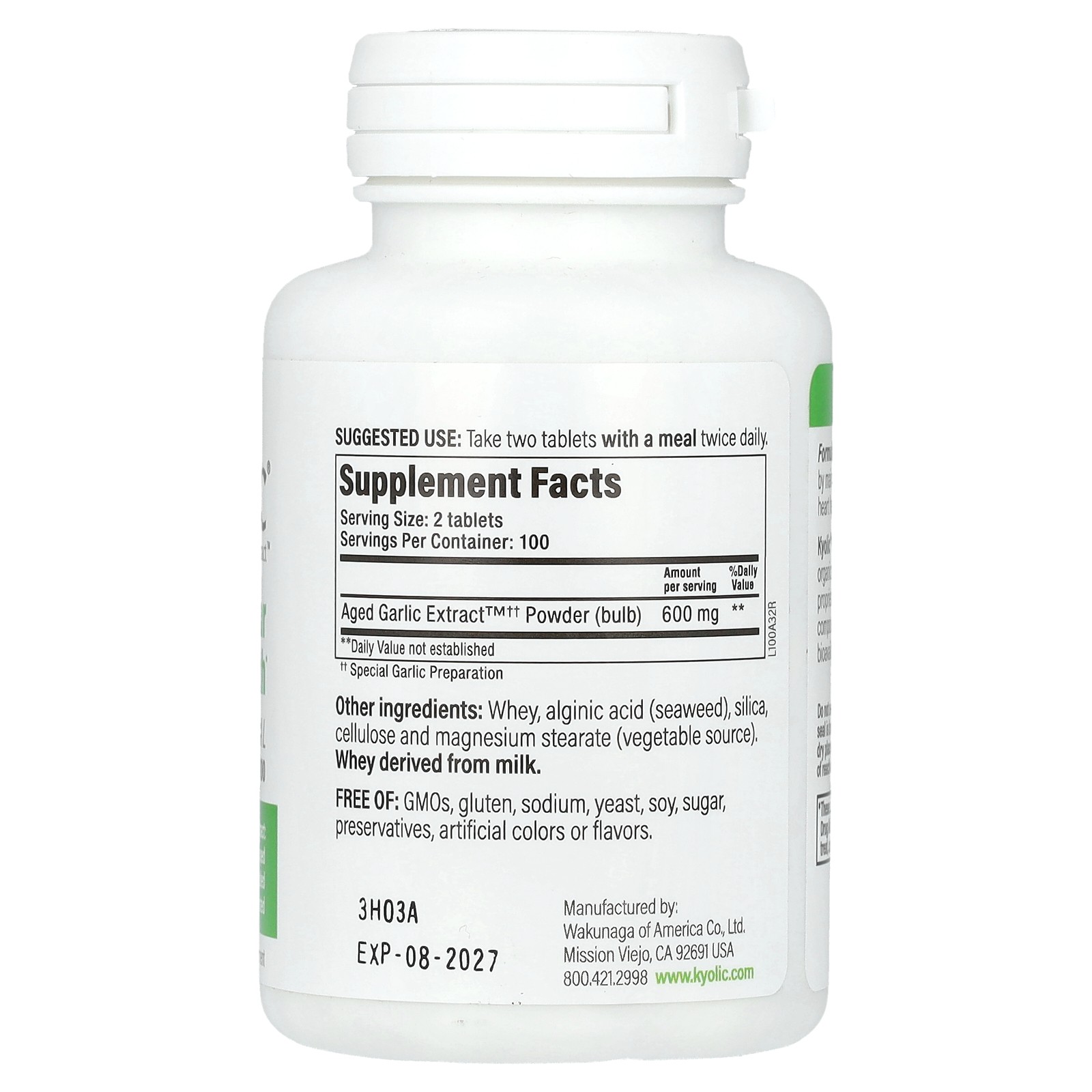 Wakunaga – Kyolic Cardiovascular Formula 100 200 Tablets Gluten-Free, GMP