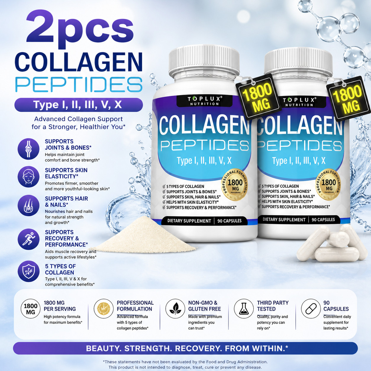 Toplux Multi Collagen Peptides 1800mg Types I II III V X 180 Capsules–
