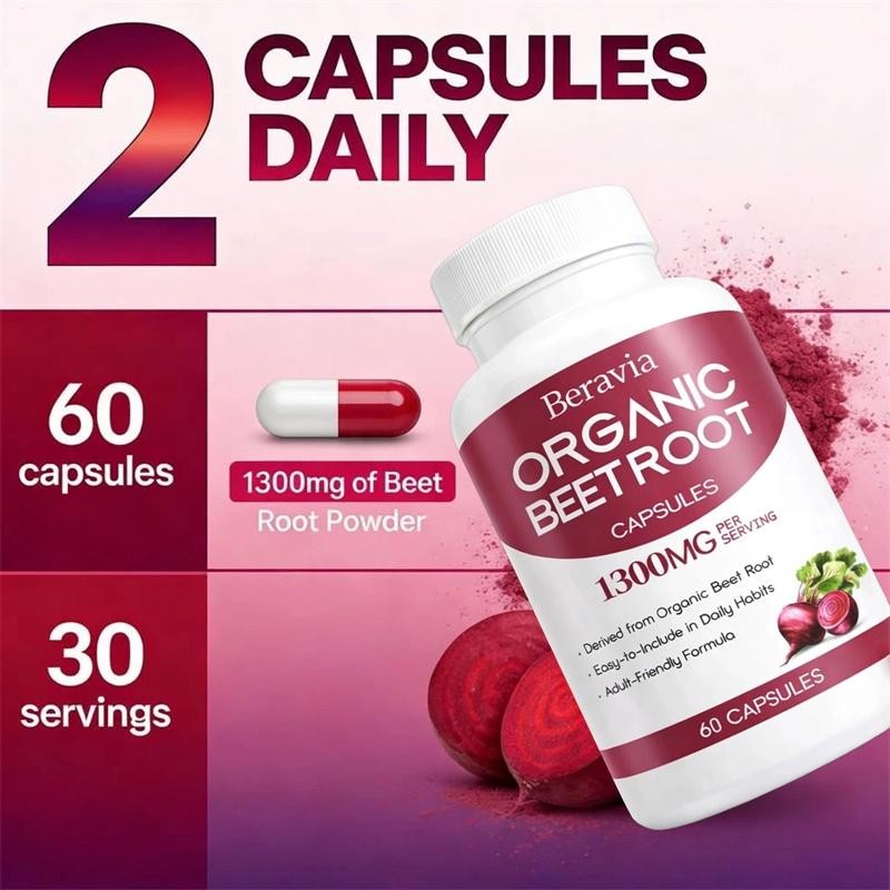 Beravia Organic Beet Root Capsules, Purely Natural, Non-GMO 60-Counts