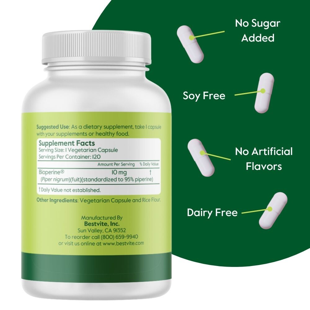 Bioperine 10mg (120 Vegetarian Capsules) – No Stearates – Absorption Enhancer