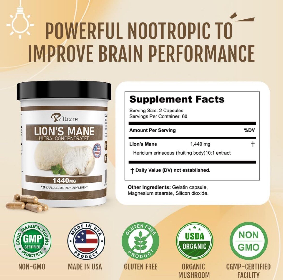 Lions Mane Mushroom Supplement Capsules – 1440mg Organic Lion’s Mane Mushroom Br
