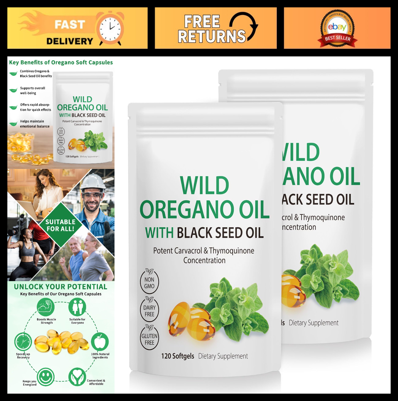 Organic Oil of Oregano & Black Seed Oil Capsules 6000mg – Antioxidant, Gluten Fr