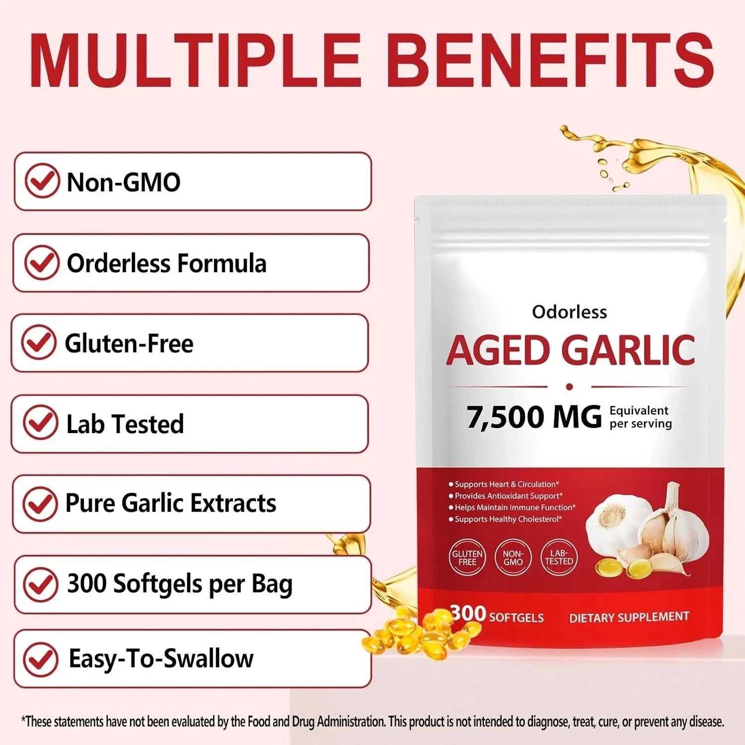 Odorless Garlic 7500Mg per Servings, 300 Softgels ,2 Years Aged Garlic Extra