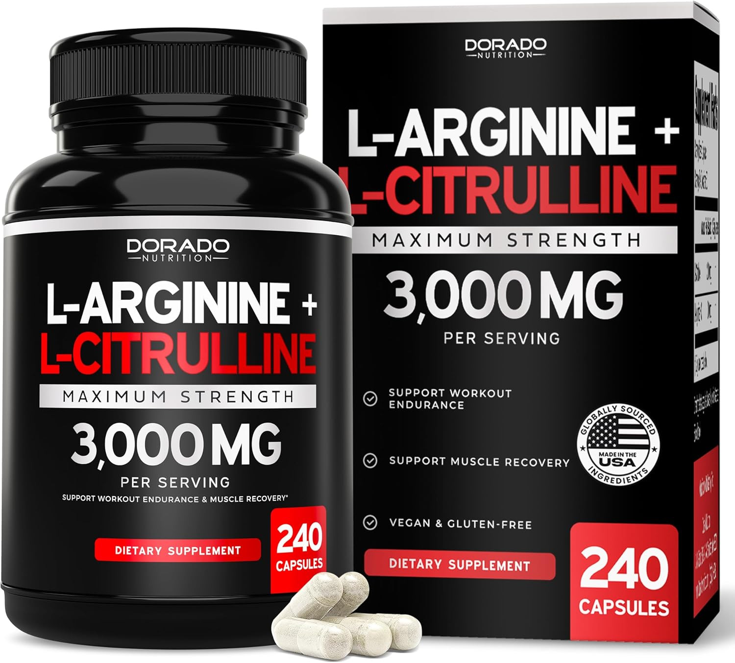 L-Arginine 1000mg L-Citrulline 3000mg 240Caps Amino Acid Non GMO/Gluten Free