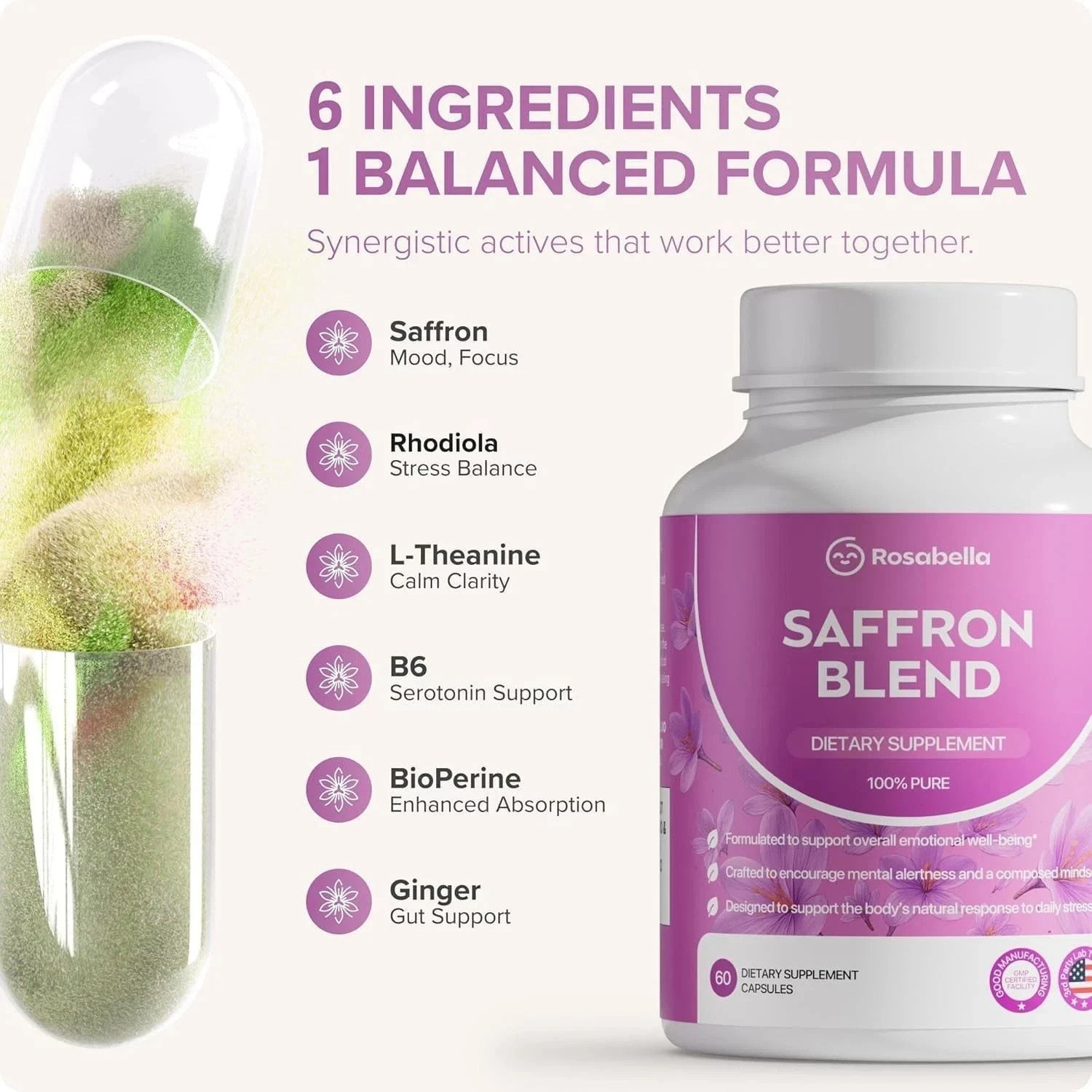 3 PACK Rosabella Saffron Blend – Mood & Focus, Non-GMO..