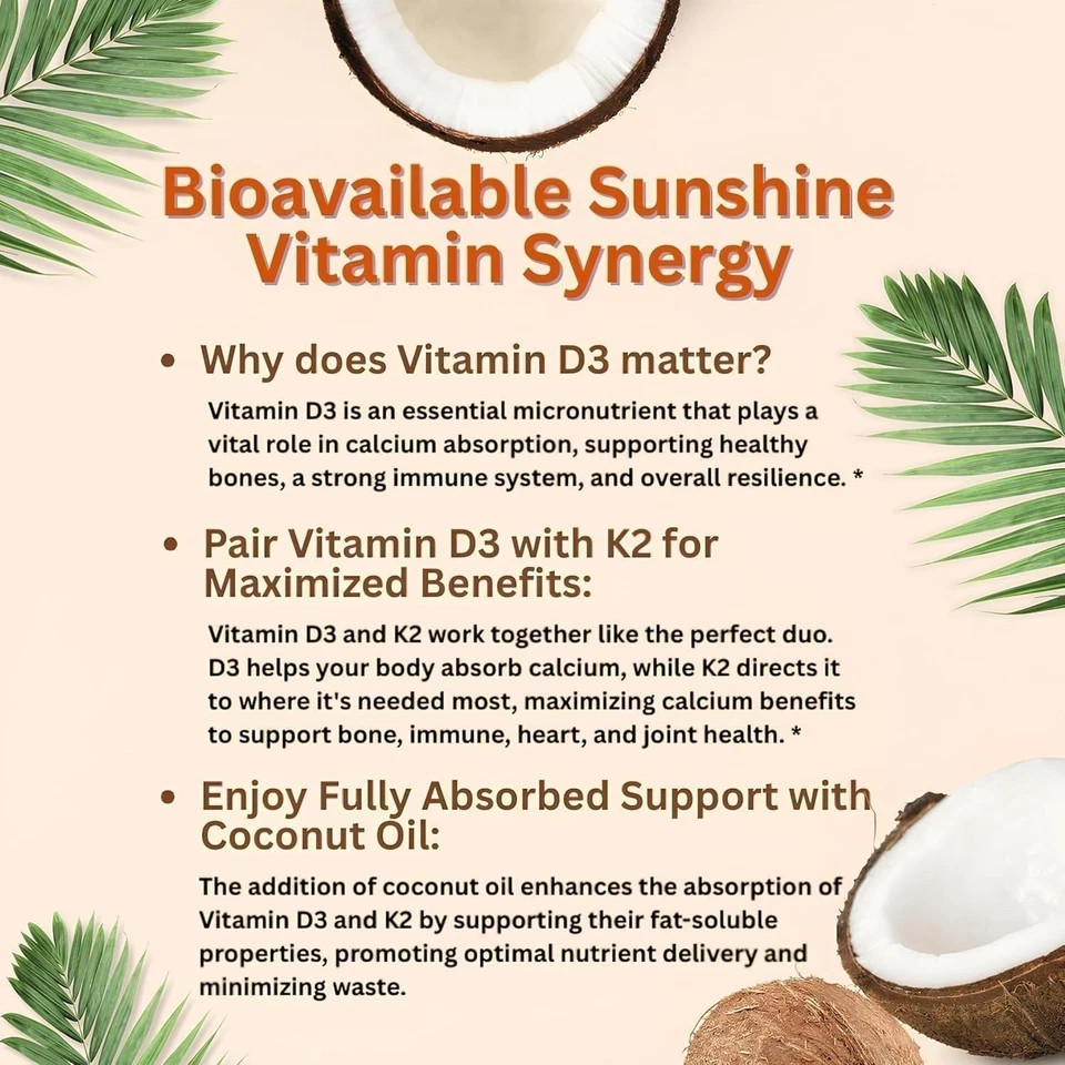 Vitamin D3 10000 iu Plus K2 (MK-7) 200 mcg, 300 Virgin Coconut Oil Softgels NEW