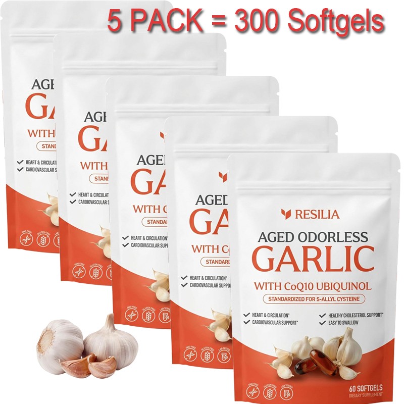 1-5x Resilia Aged Garlic 600 mg Soft Gels (60 Count) Odorless Aged Garlic Extra
