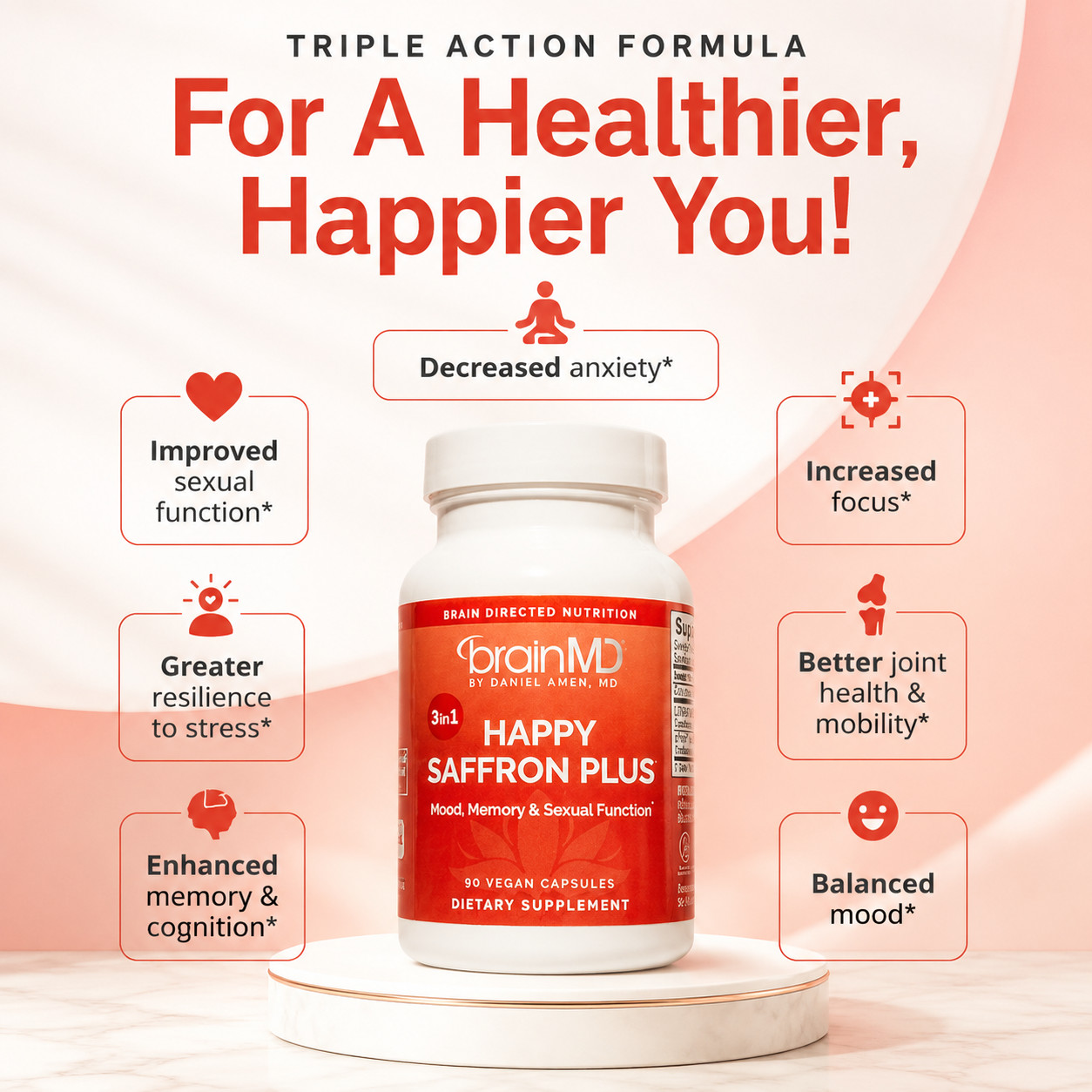 BrainMD Happy Saffron Plus Vegan Capsules Mood Memory Stress Support 90 Count