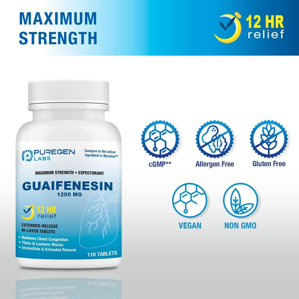 Puregen Labs Mucus Relief 12 Hour Guaifenesin 1200mg 110 Tablets 3 pack
