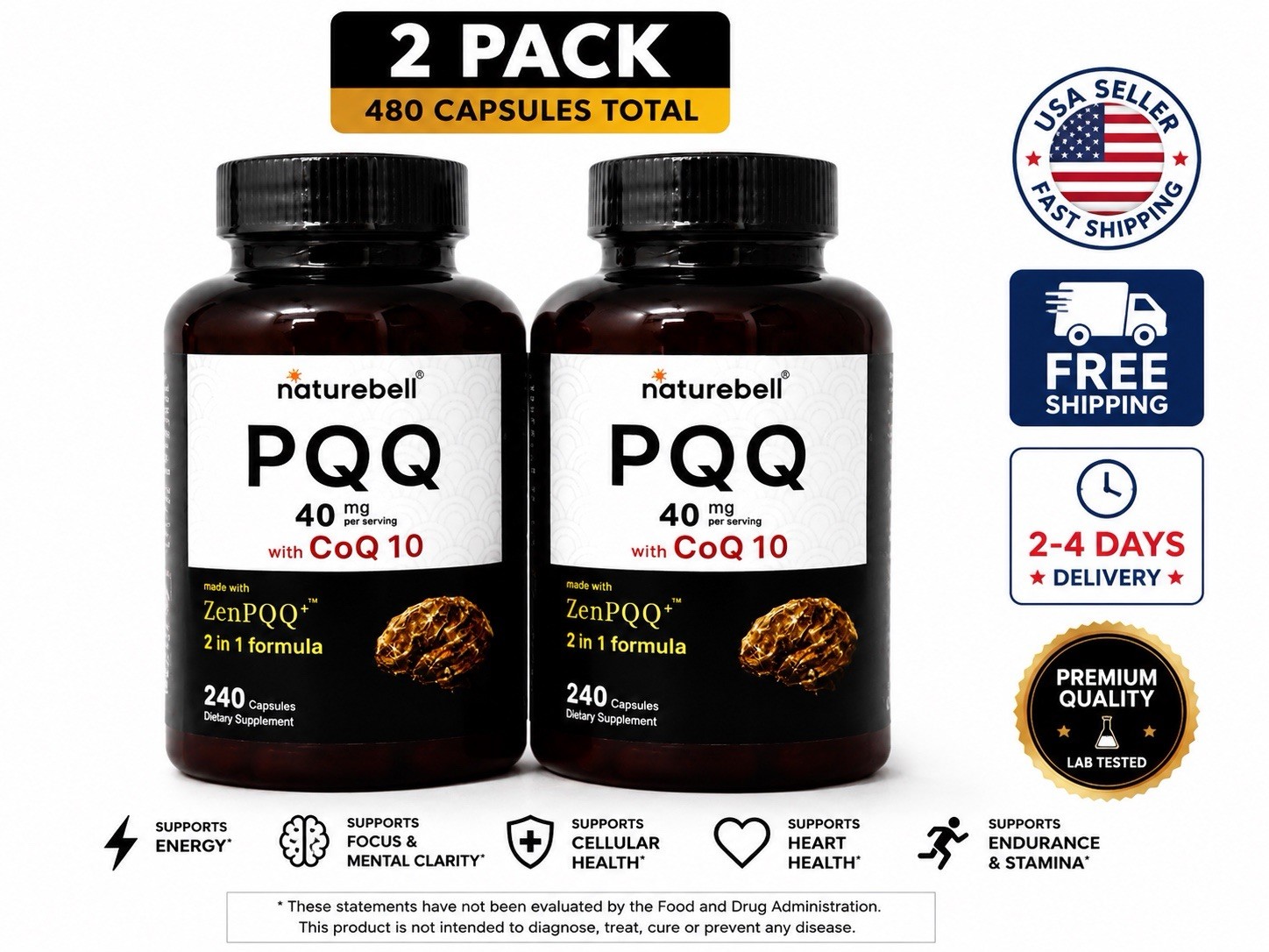 2-Pack NatureBell PQQ 40mg CoQ10 240 Capsules ZenPQQ Energy Focus Support
