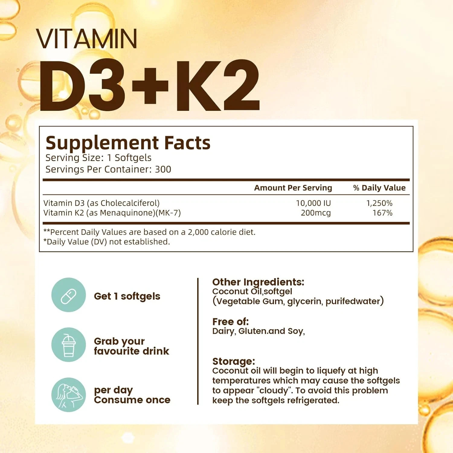Vivonu Vitamin D3 10000 IU + K2 MK-7 200 mcg, 300 Softgels – Coconut Oil Enhance