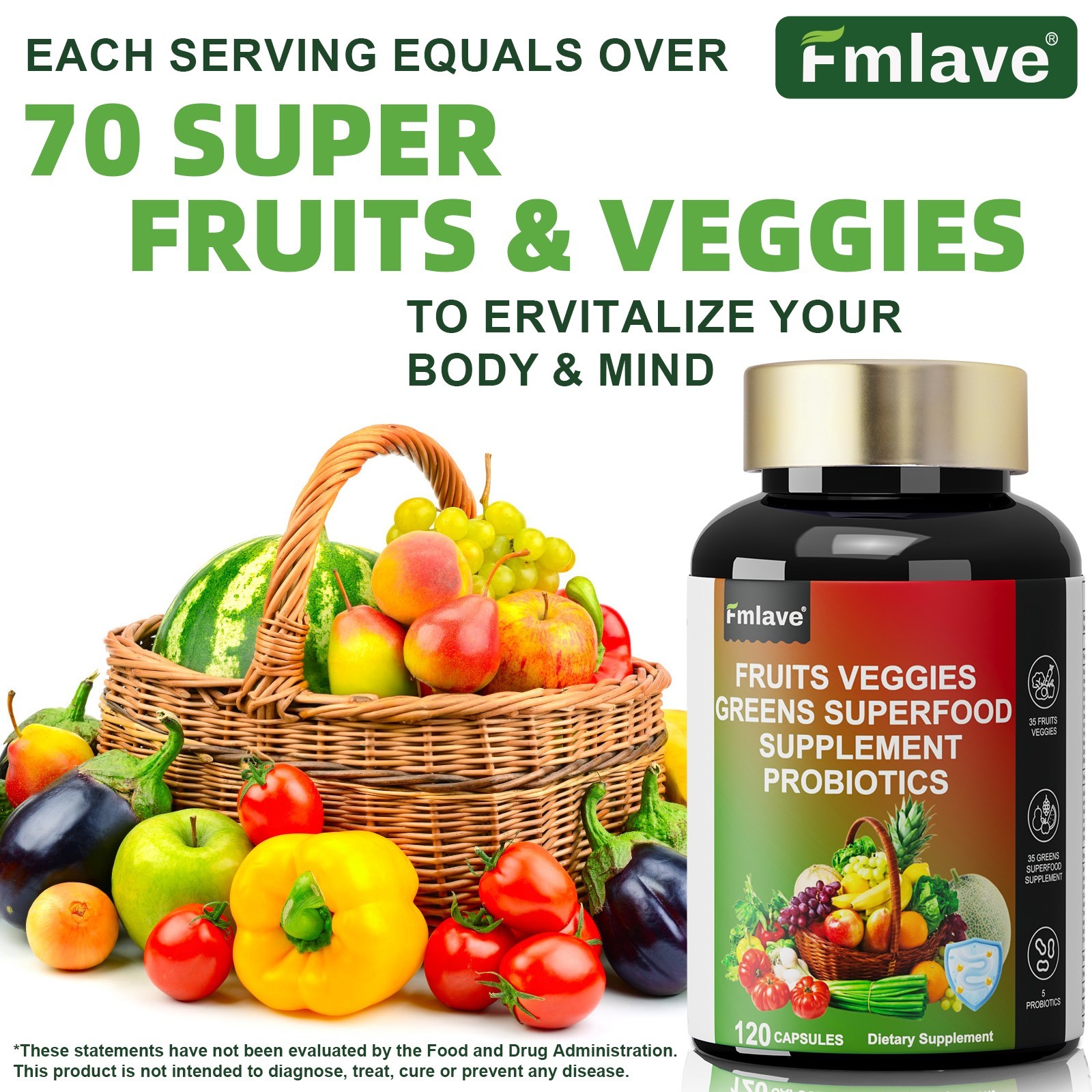 3pcs 70 Fruits and Veggies Whole Food Supplement w/ Probiotics for Gut 360 Count