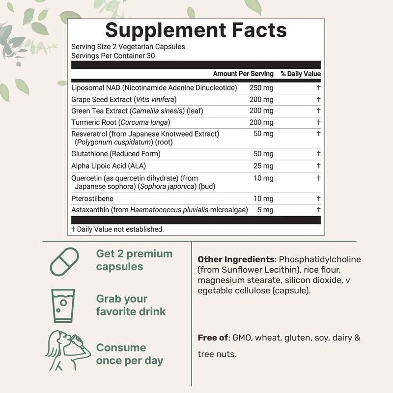 Liposomal NAD+ Ultimate 1,000mg – 60 Veggie Capsules – 10-in-1 with Resveratrol
