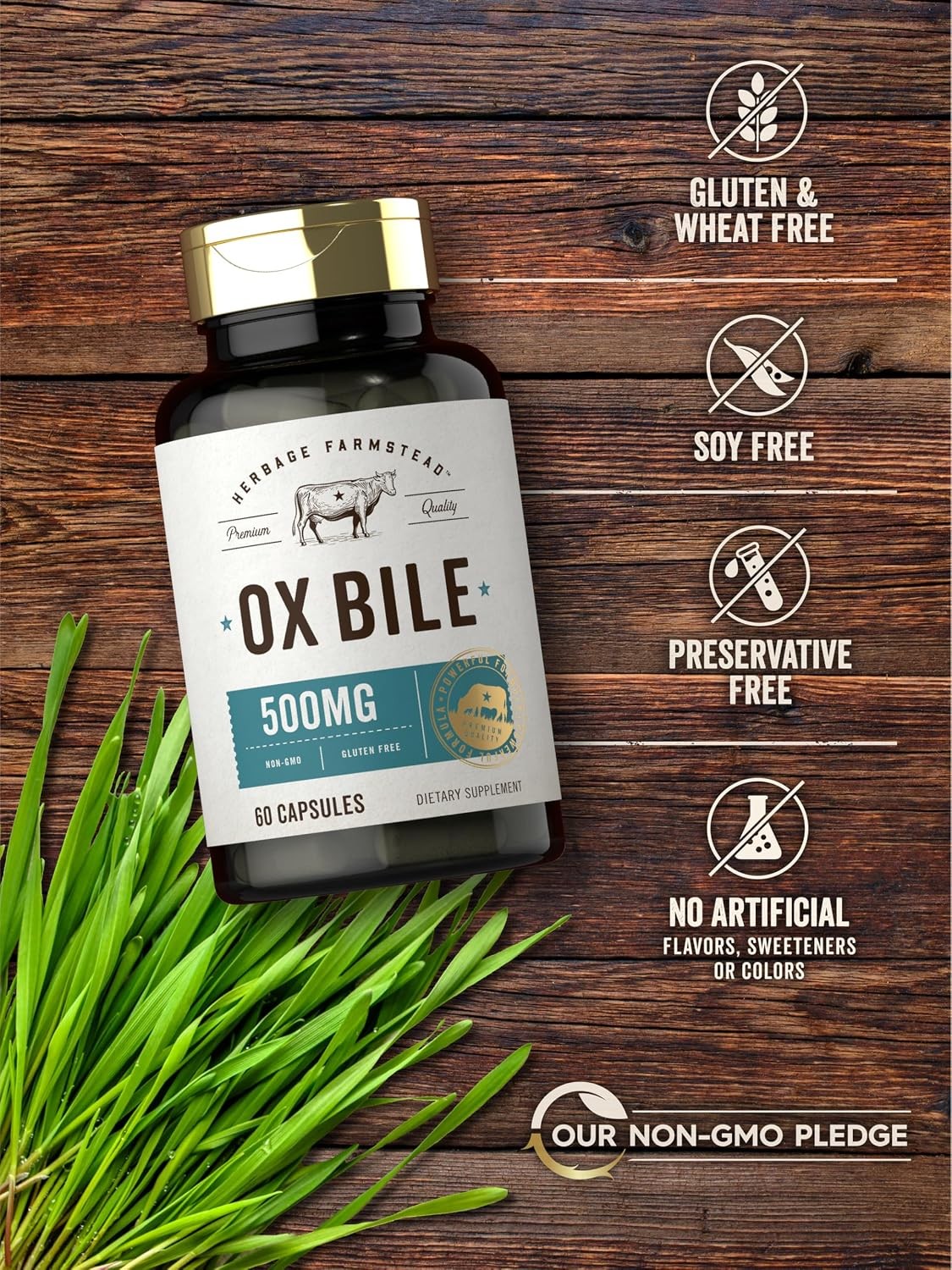 Ox Bile Supplement 500Mg 60 Capsules Digestive Enzyme Non-Gmo & Gluten Free by H