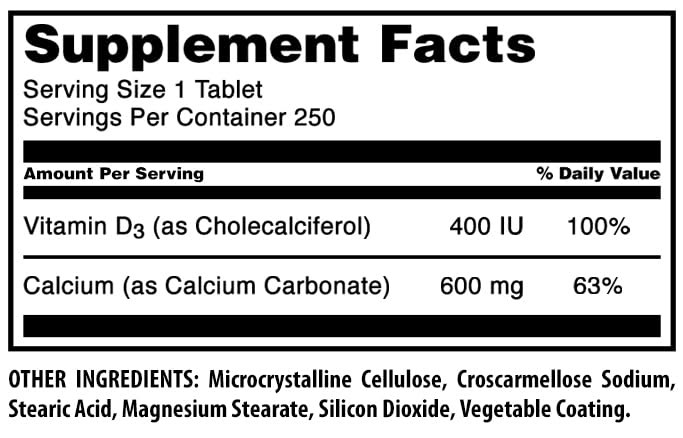 Amazing Formulas Calcium 600 Mg with Vitamin D3 400 IU 250 Count (Pack of 1)