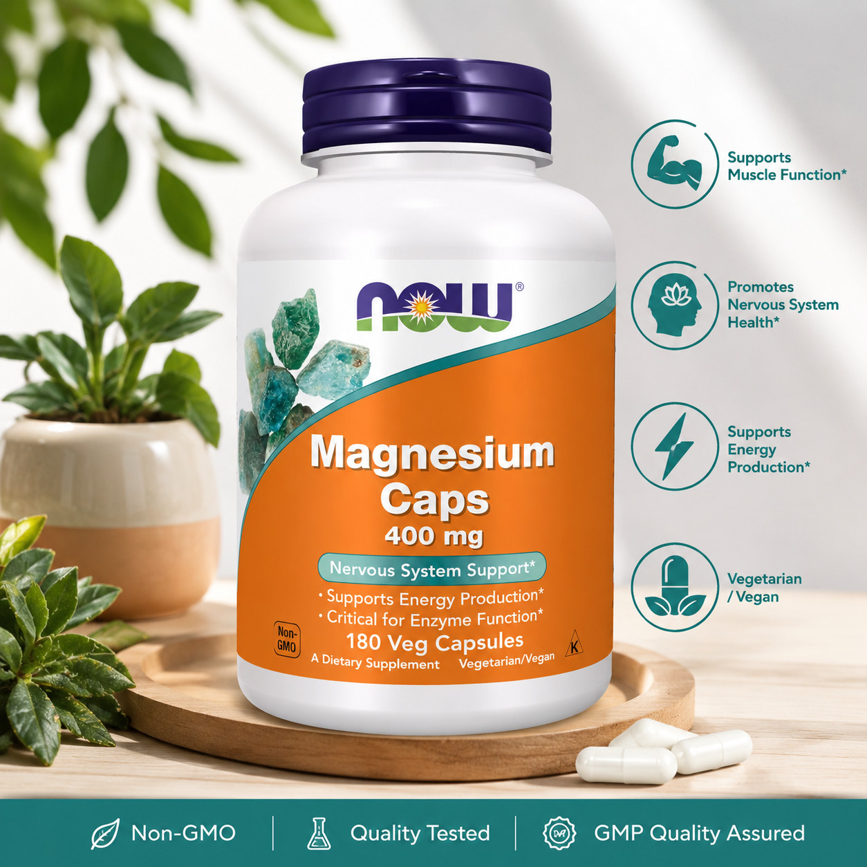 NOW Magnesium 400 mg 180 Veg Capsules Nervous System Support Non-GMO Vegan