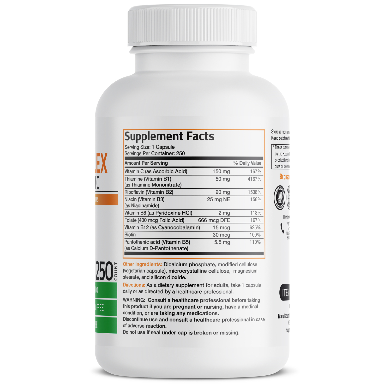 Vitamin B Complex w/ Vitamin C Immune, Energy & Nervous System Support, 250 Caps