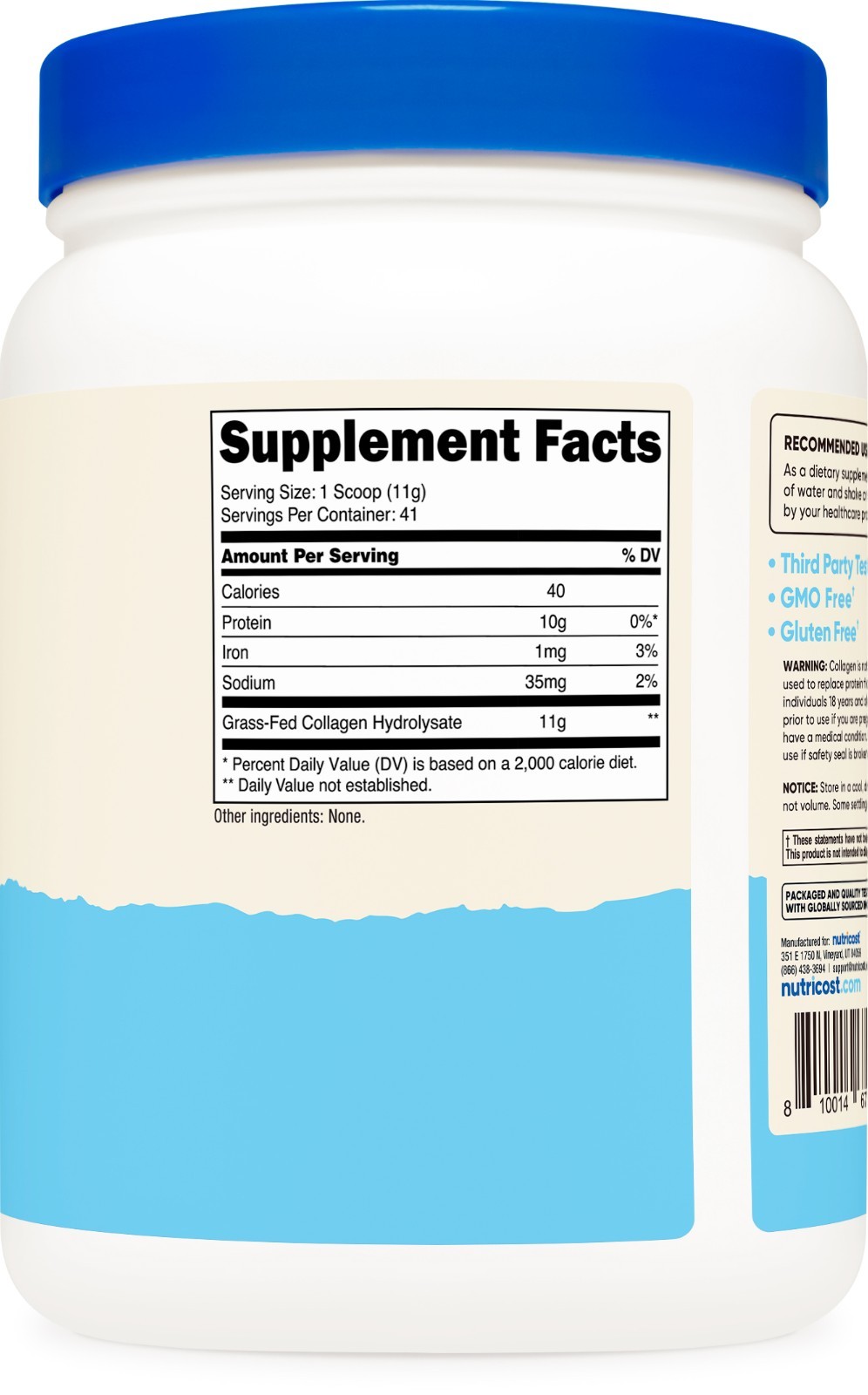 Nutricost Pure Collagen Hydrolysate (Bovine) Powder – Grass Fed, 1LB (454g)