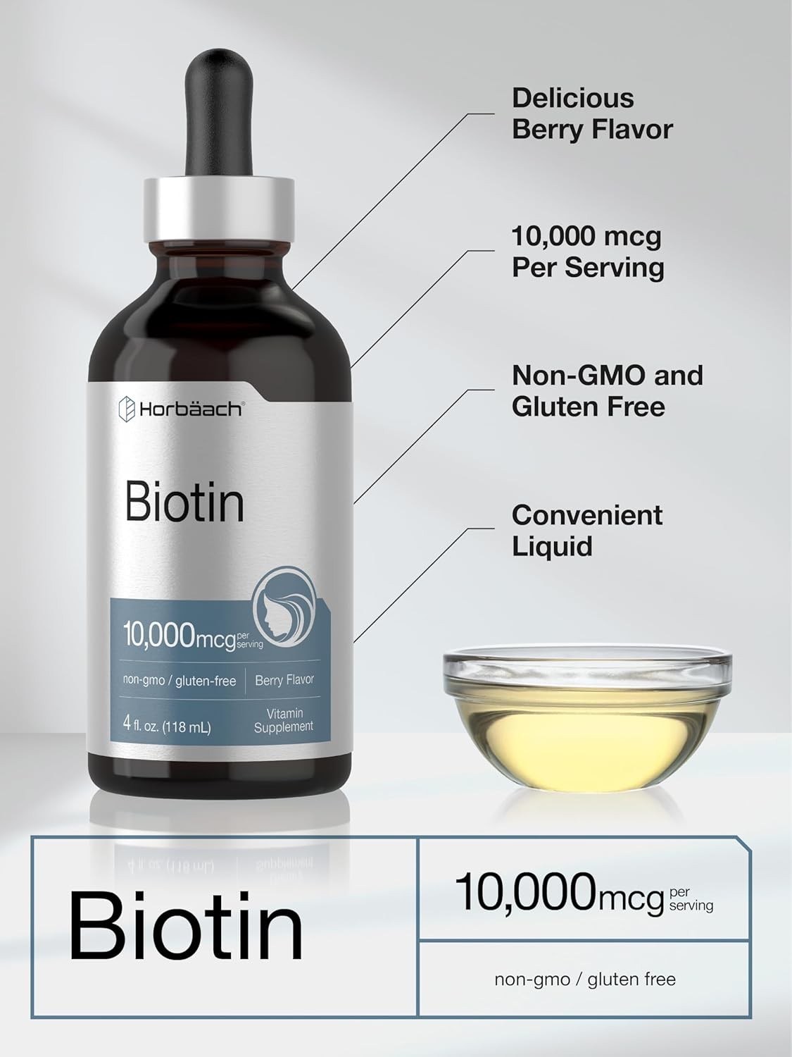 Biotin Liquid 10000mcg | 4 fl oz | Vegetarian Drops, Non-GMO | by Horbaach