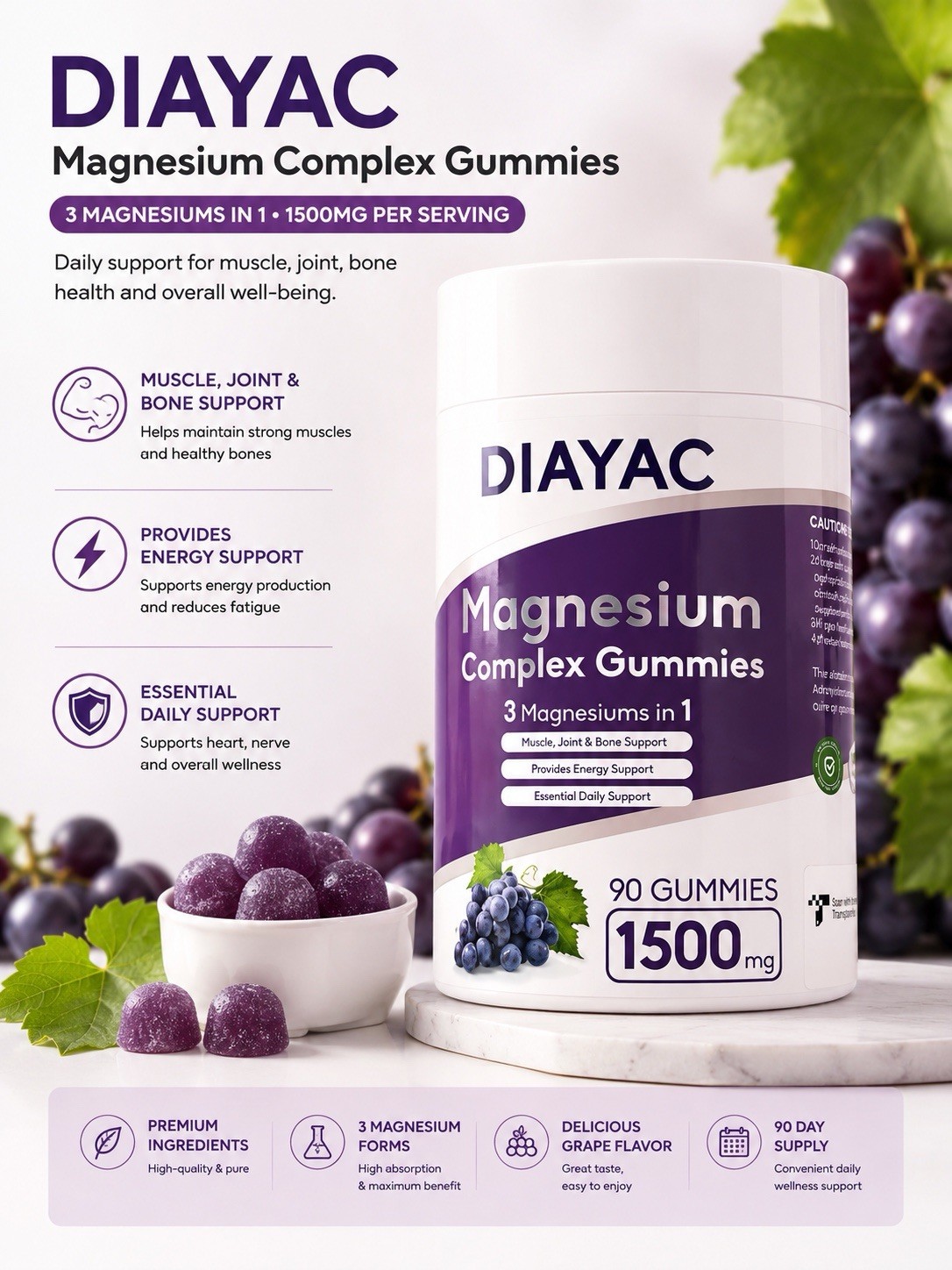 DIAYAC Magnesium Mineral Complex Gummy 1500mg Grape Flavor 90 Ct