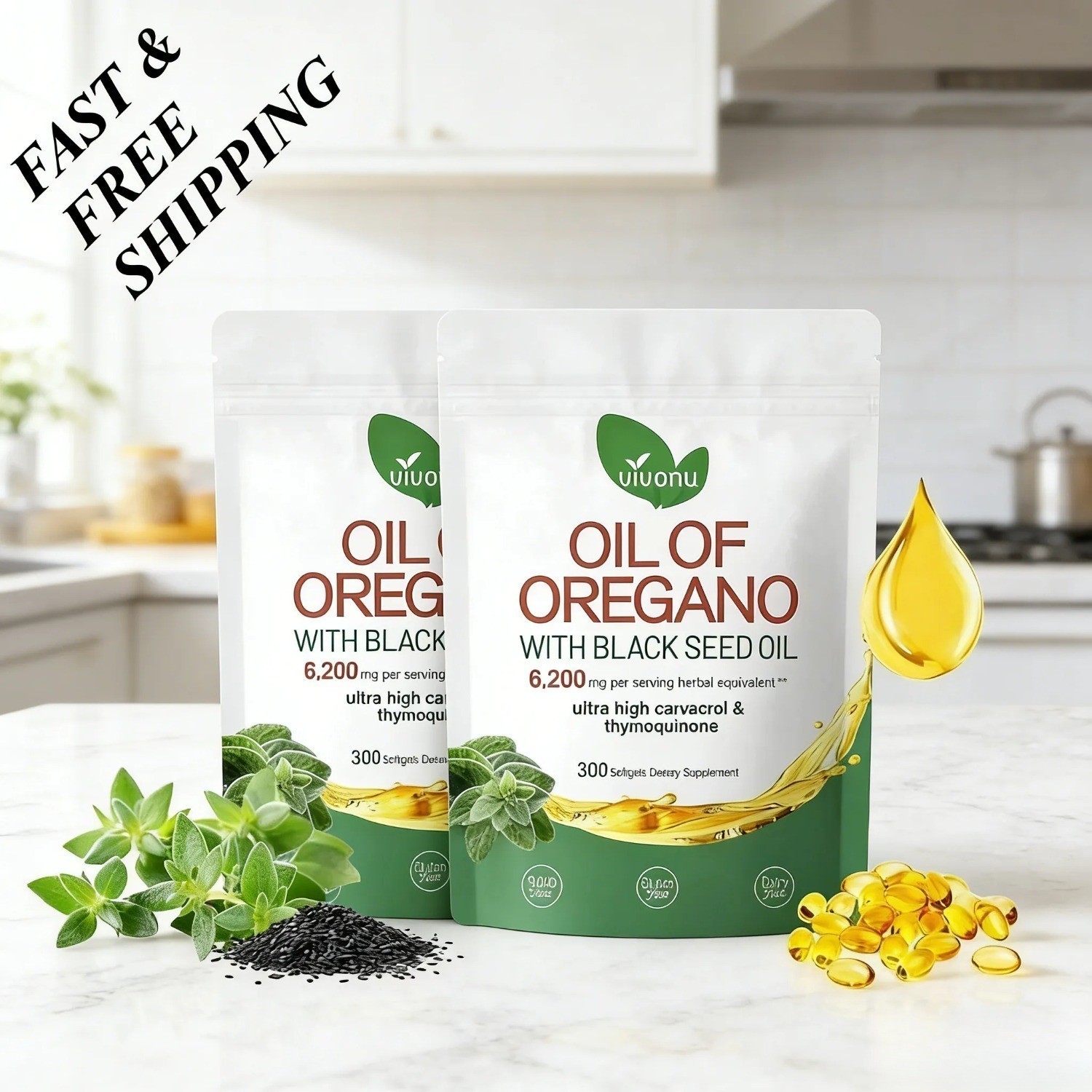 2-PCS Oregano Oil 6200mg with Black Seed Oil.Immune Boosting Capsules