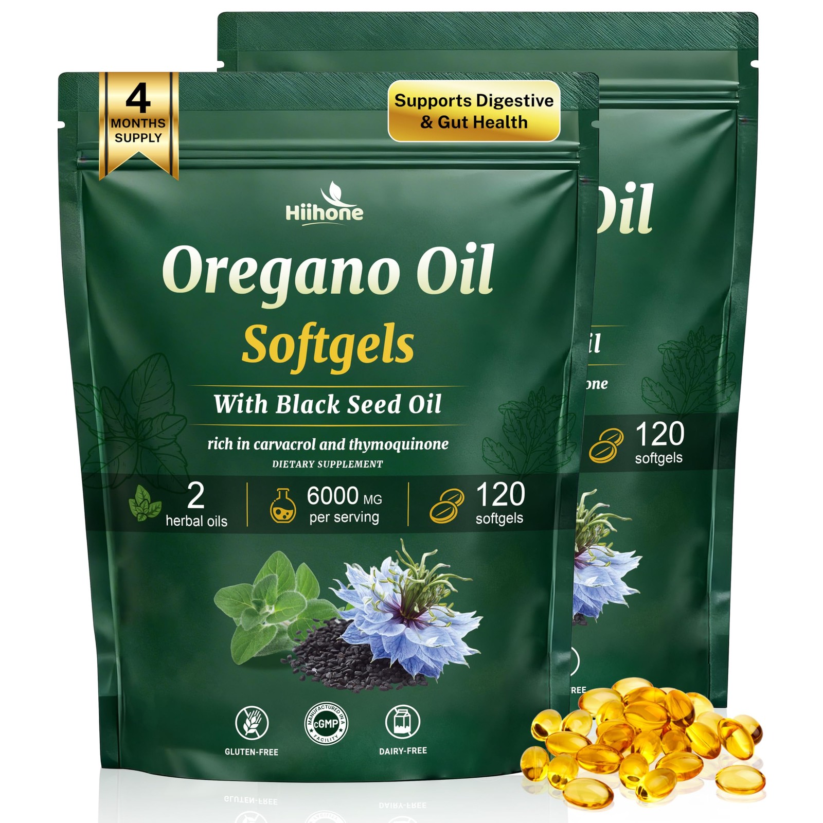 HIIHONE 2 Pack Oil of Oregano&Black Seed Softgels Count with Carvacrol,Free ship
