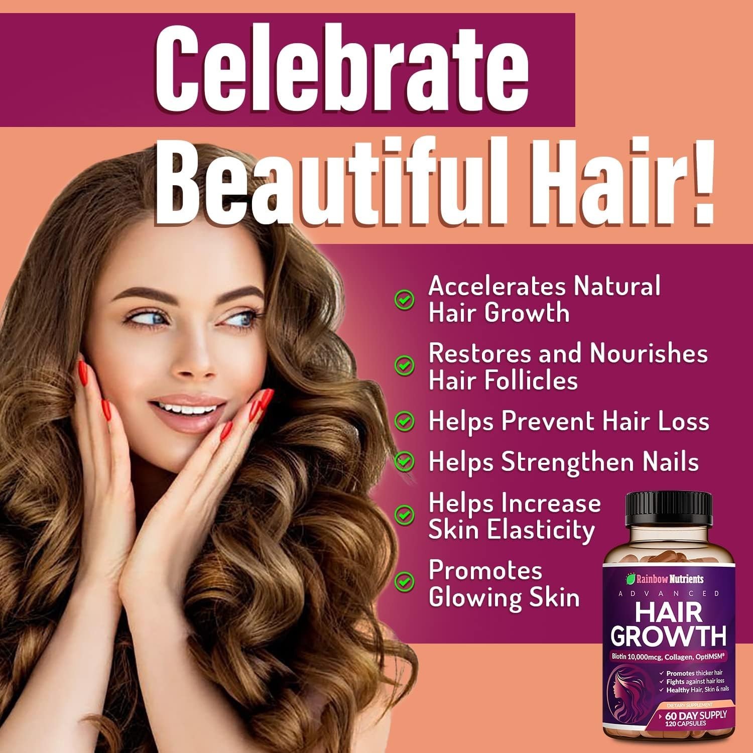 Rainbow Nutrients Advanced Hair Growth-Hair,Skin & Nail Health – Biotin,Collagen