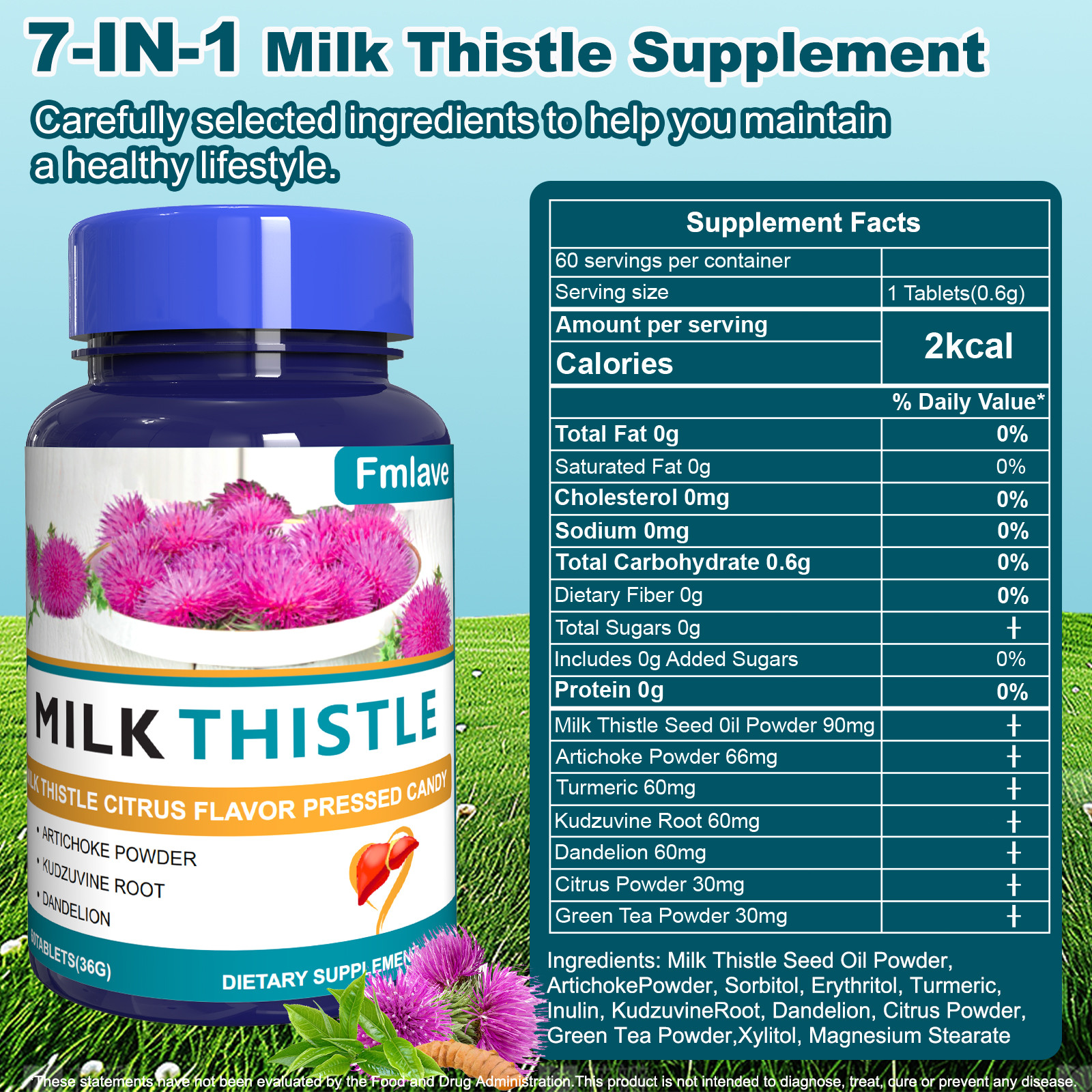 Milk Thistle Liver Support Supplement Herbal with Silymarin Dandelion Root 60ct