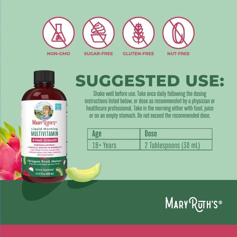 MaryRuth’s Liquid Morning Multivitamin + Hair Growth – Dragonfruit – 15.22 fl oz