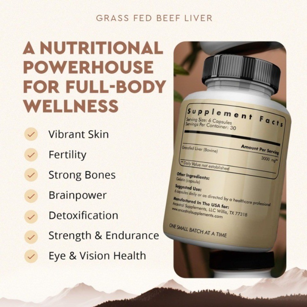 2 Bottles Ancestral Booster Grass-Fed Beef Liver Supplement, 180 Total Capsules