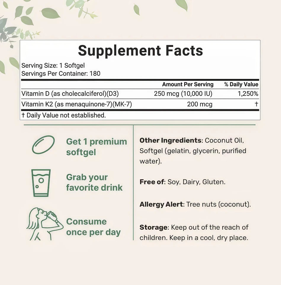 Vitamin D3 10000 iu & K2 (MK-7) 200 mcg, 300 Virgin Coconut Oil Softgels
