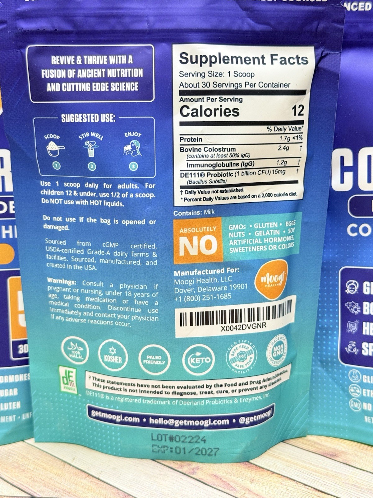 Moogi Health Colostrum + Probiotic DE111 Complete Gut Health 3pk 2.6oz Each New