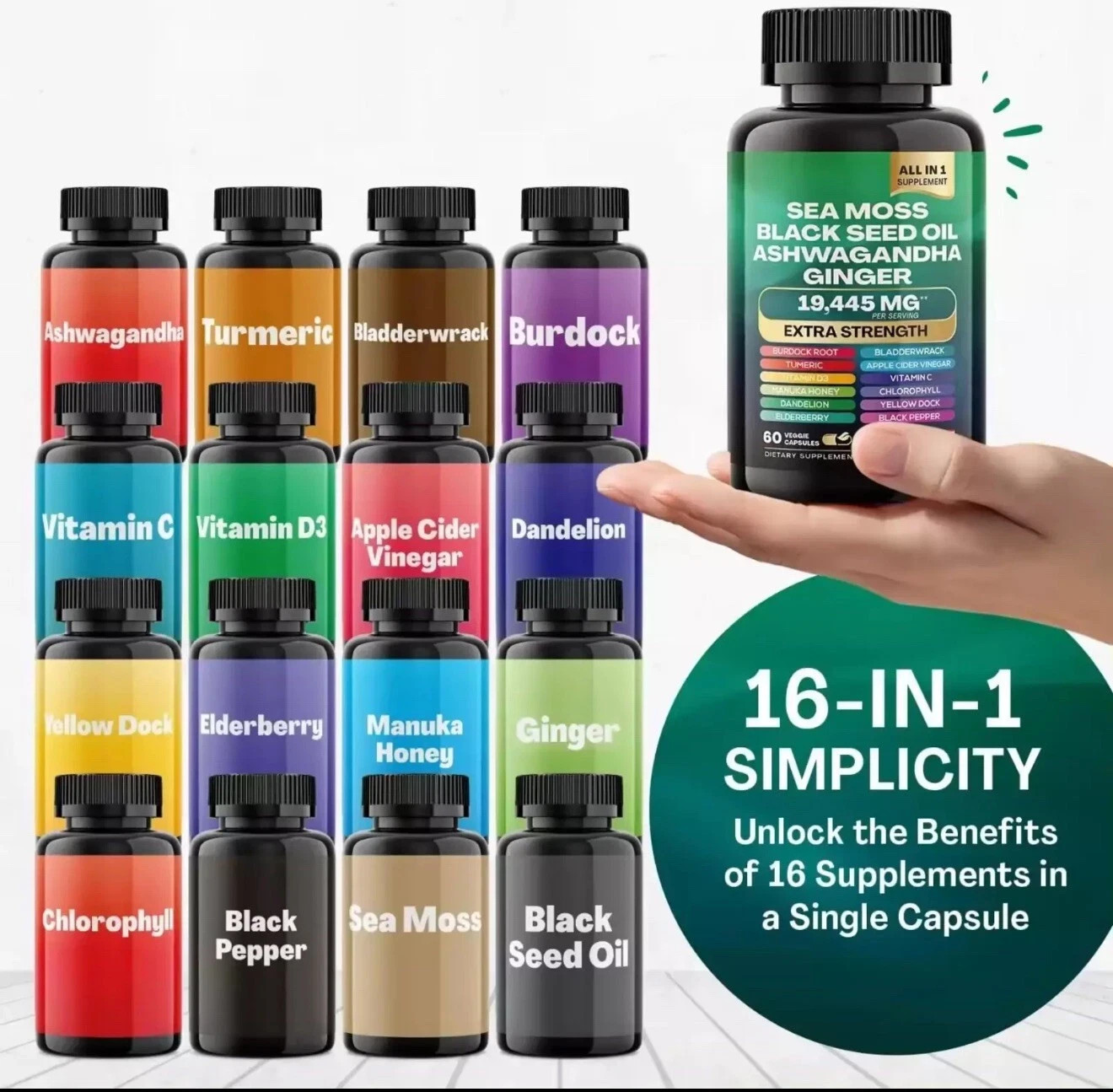 2 Sea Moss, Black Seed Oil, Ashwagandha, Turmeric, Ginger (16 in 1 Multivitamin)