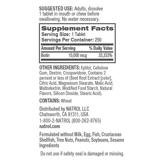 NATROL BIOTIN BEAUTY Strawberry Flavor 10000 mcg 250 Tablets DIETARY SUPPLEMENT
